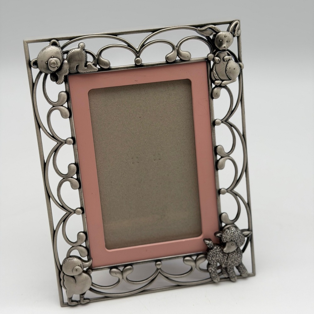 Vintage Pewter Animal Filigree Baby Picture Frame Silver Pink Bear Bunny Lamb